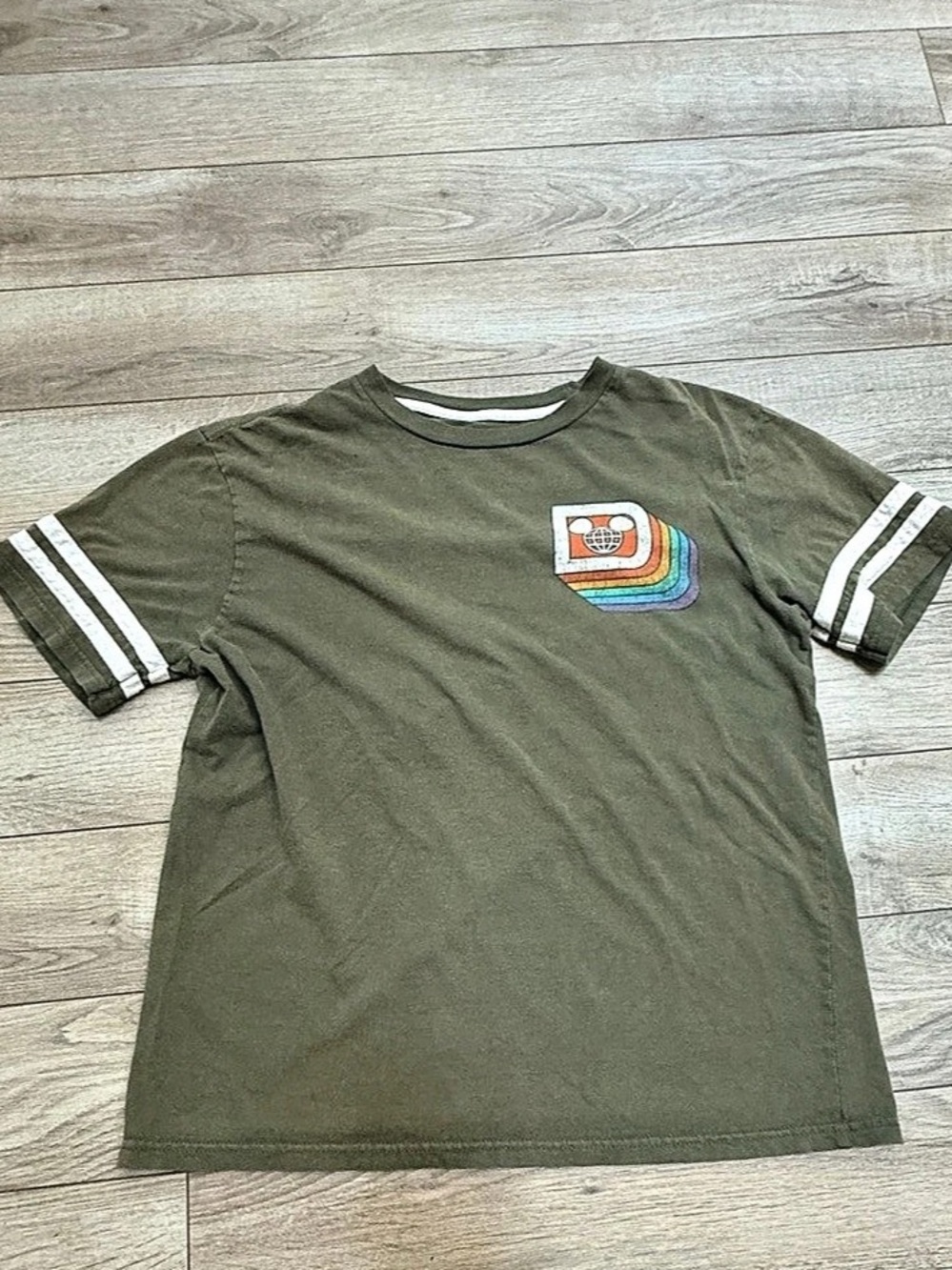 Disney Disney World Authentic Retro Olive Green Rainbow Varsity Tee Shirt Rainbo